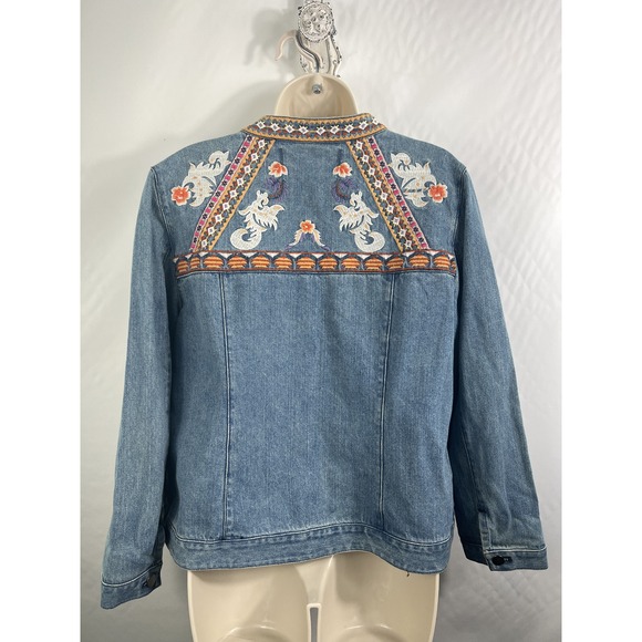 Chicos Denim Jacket Size 2P Embroidered Boho Bohemian Collarless Coastal - Picture 5 of 14